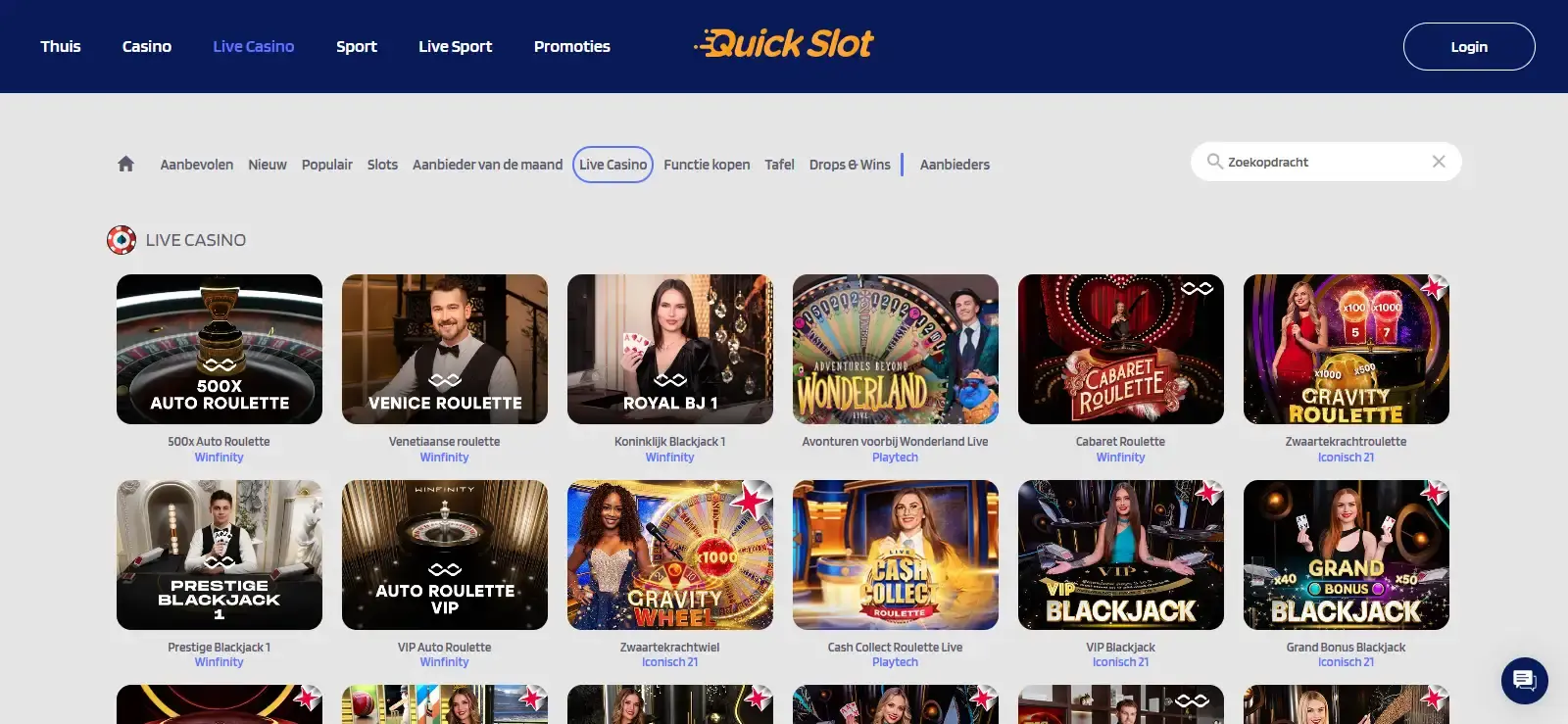 Actuele QuickSlot live-casino lobby met live dealer spellen