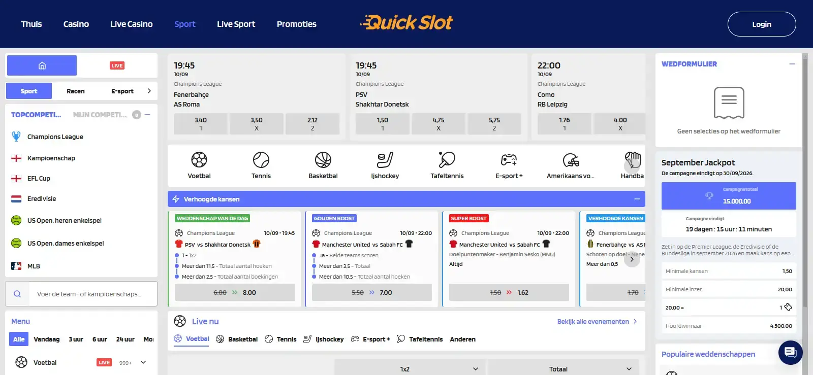 Actuele QuickSlot sportsbook interface met Sports-navigatie