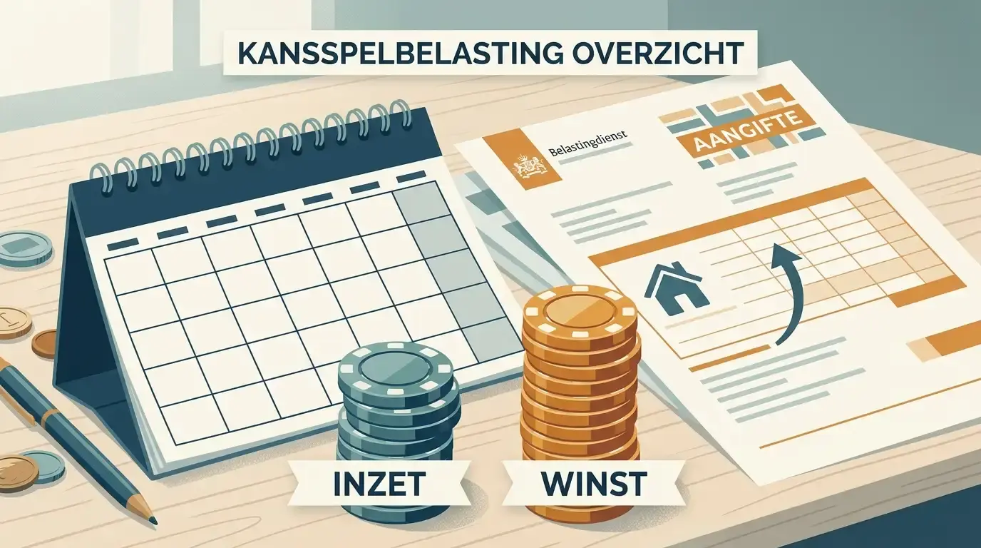 Redactionele illustratie van kalendermaand, inzet, winst en Nederlandse kansspelbelasting